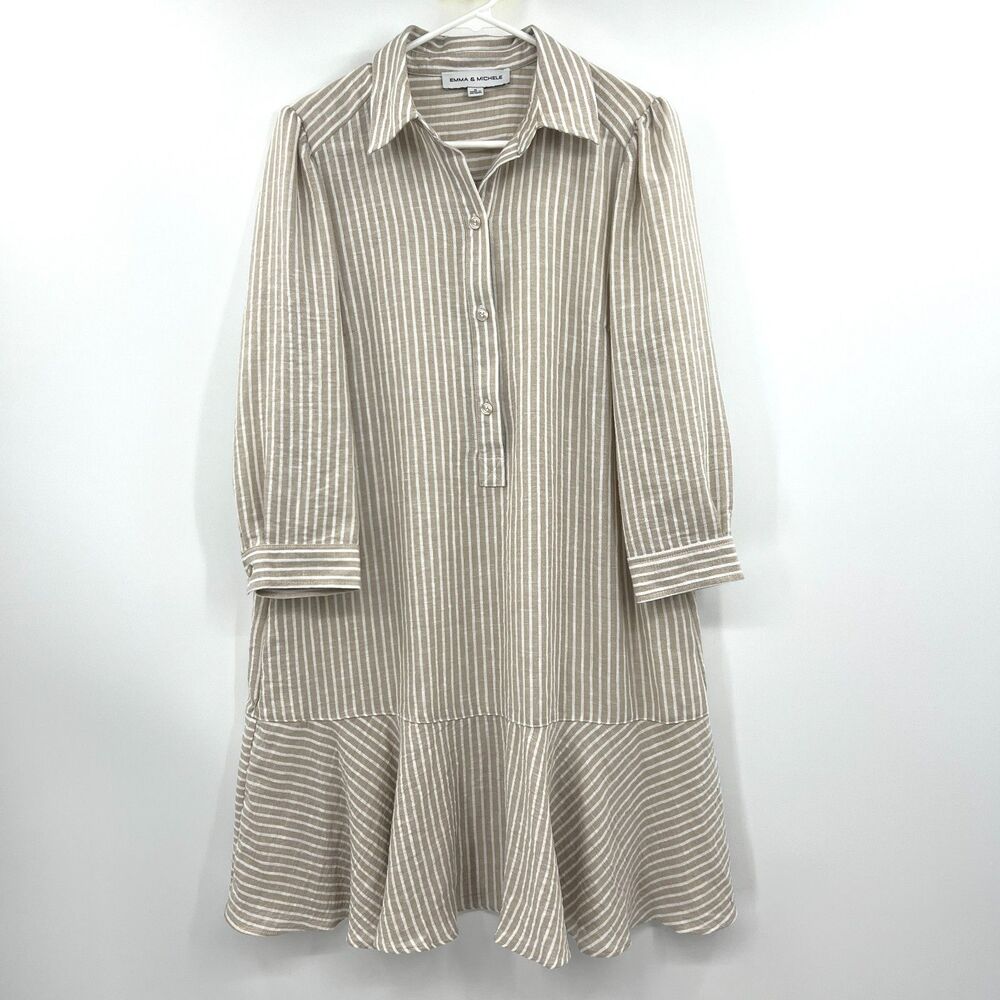 Emma & Michele M Beige Striped Shirt Dress Collared Tiered Ruffle Hem Popover